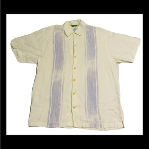 Tommy Bahama 100% Linen Size Large Blue &‎ White Short Sleeve Shirt Casual Light
